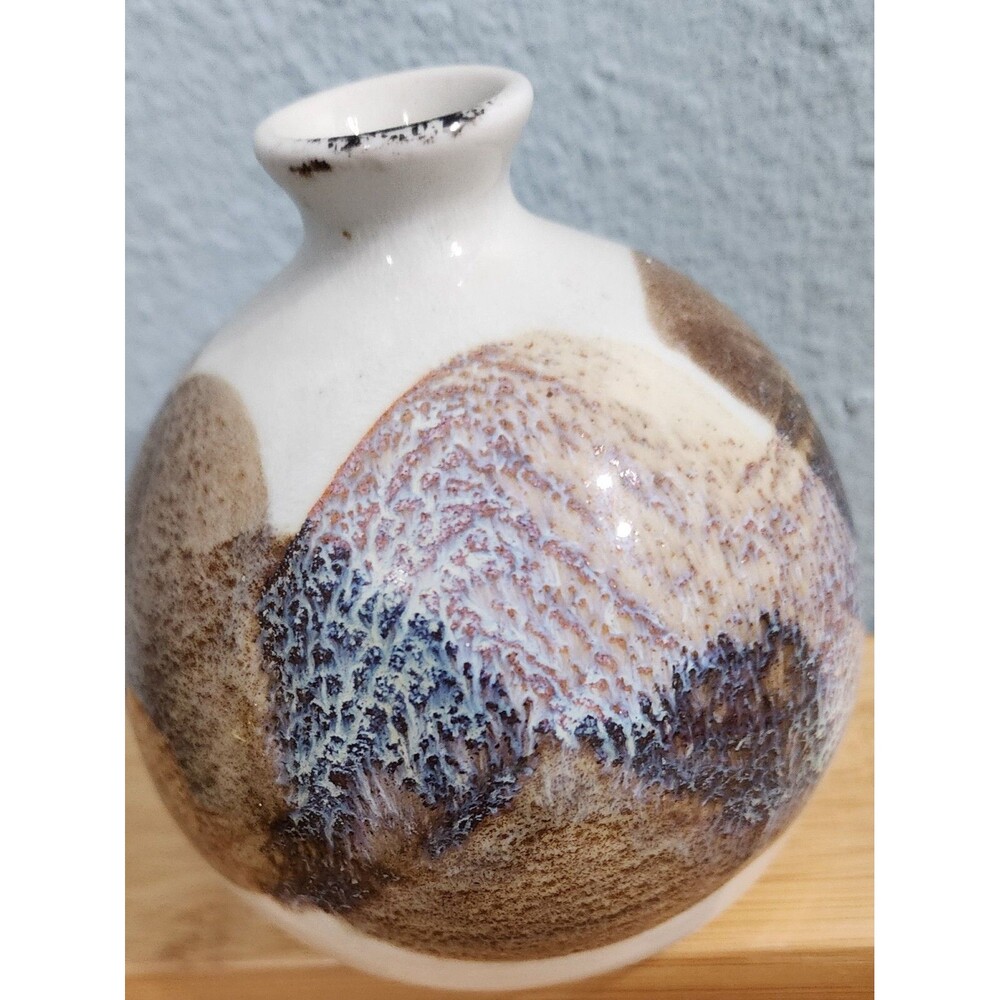 Kravec Studios Bud Vase Pottery Earth Tone Hand Painted Abstract  Signed 4"
